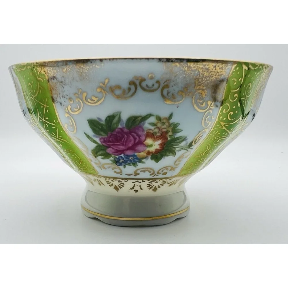 Wales Porcelain Teacup Saucer Lusterware Floral Green Gold Japan Vintage Set